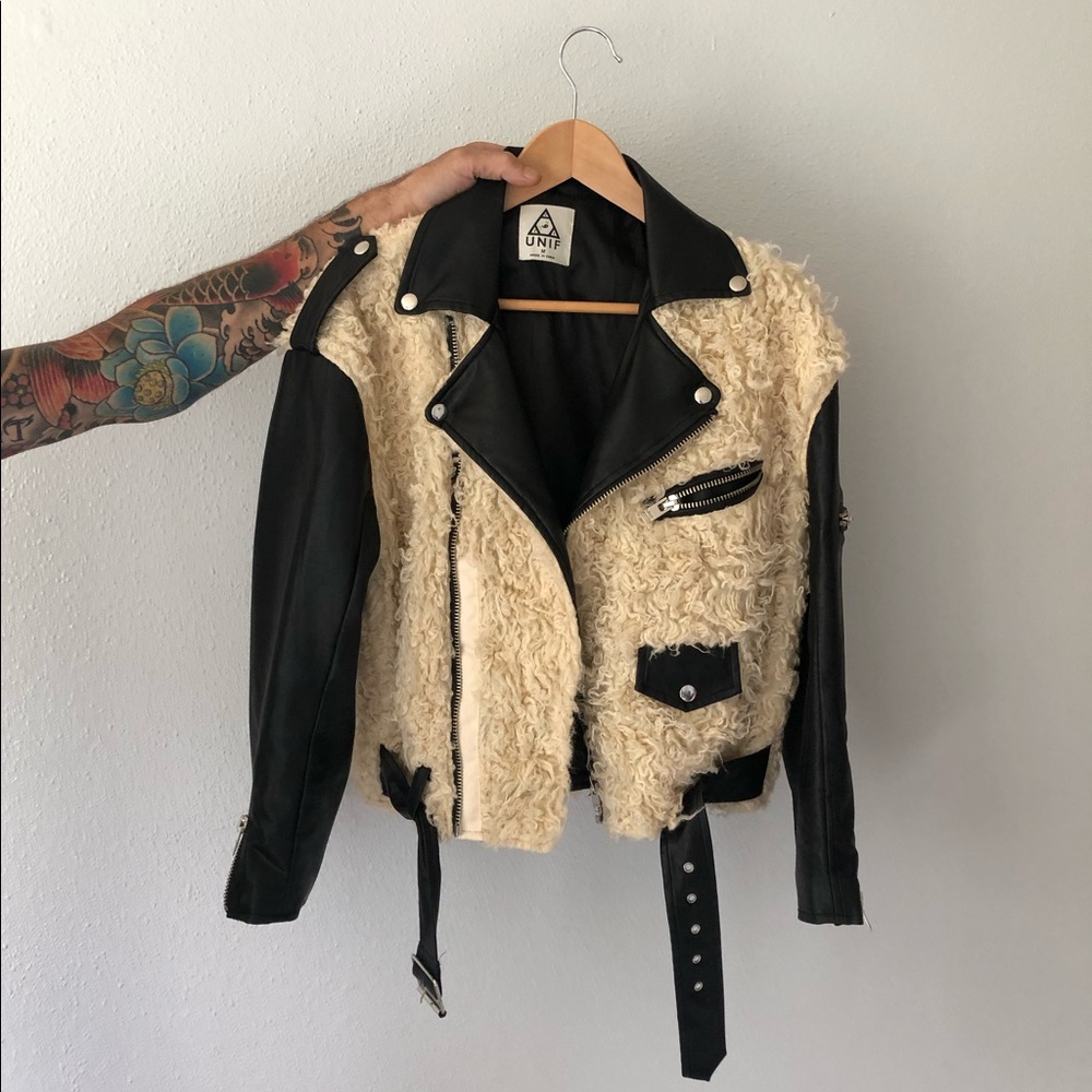 Unif Slacker Leather Sherpa Moto Jacket